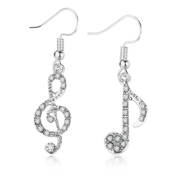 

new fashion musical note temperament asymmetrical earrings women glittering personality music symbol crystal drop dangle earring, Silver
