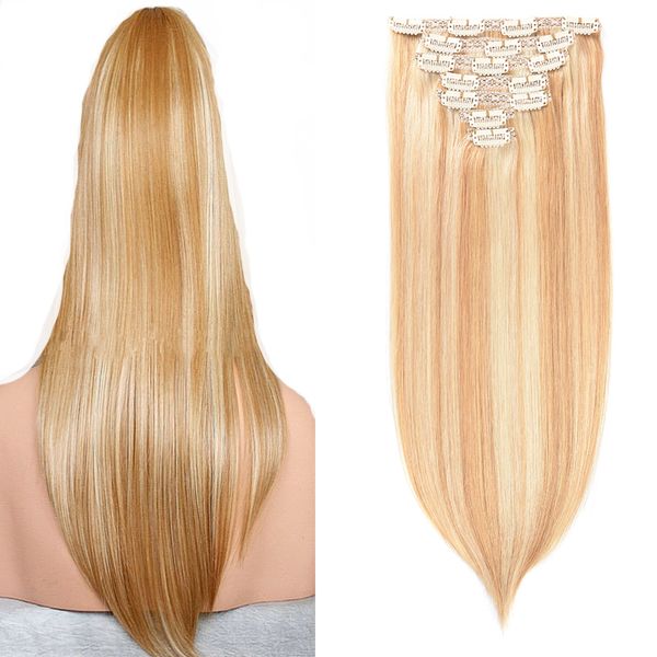 Clip In Human Hair Extensions P27 613 Straight Full Head Set 100g