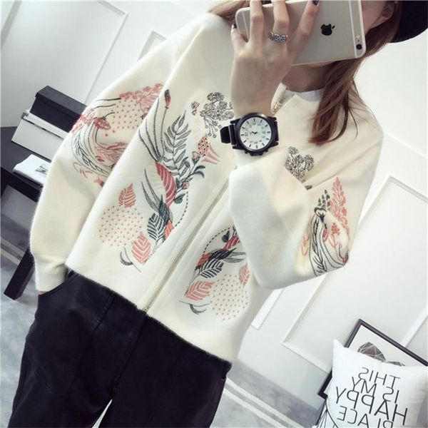 

2018 women flower coat spring autumn sweater cardigans embroidery zipper sweater poncho black white red short poncho feminino, Black;brown