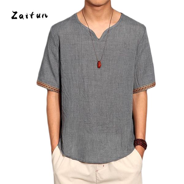 ZAITUN Men Linen Shirt V Neck  Pull Over Shirts Basic Style Retro Chinese Linen Shirt Summer Big Size Casual Shirts Men