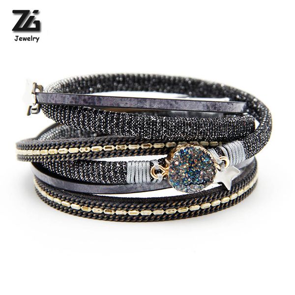 

zg jewelry bracelets for women multi-layer leather rope with quartz crystals winding bracelets bangles dropshipping, White