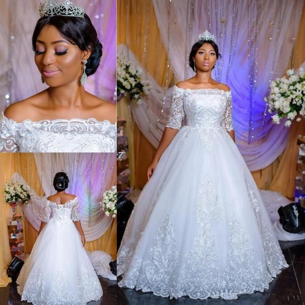 

arabic nigerian a-line wedding dresses sheer neck half sleeves backless sweep train lace up back wedding bridal gowns custom, White
