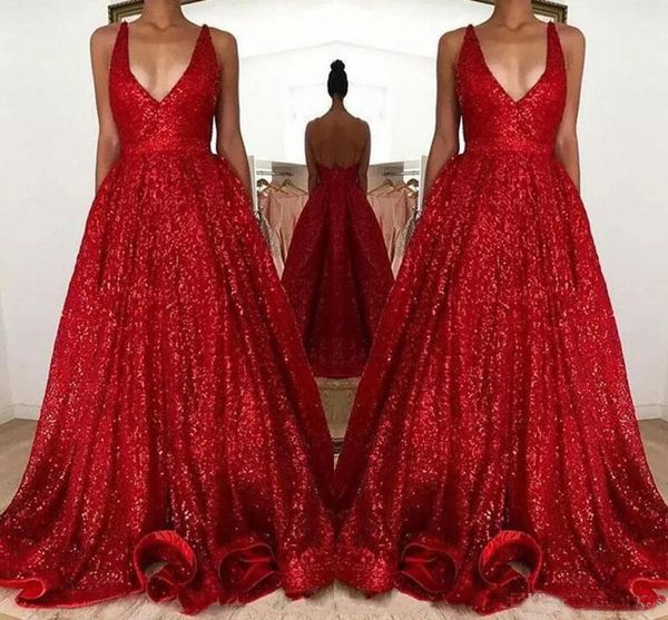 

2018 Red Sparkly Sequined Prom Dresses Long Deep V-Neck Sleeveless Backless A Line Cheap Evening Party Gowns
