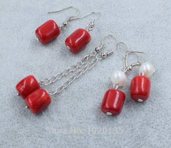 

one pair red coral pillar +freshwater pearl white hook earrings fppj wholesale beads, Golden