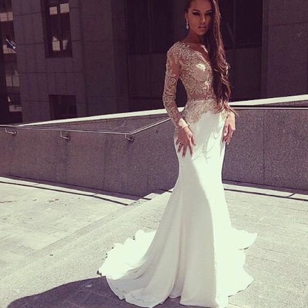 

long sleeves evening dresses sheer see through bodice lace appliques white ivory mermaid prom gowns long formal dress, Black;red