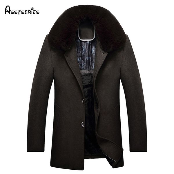 

2017 mid age autumn and winter new fur collar coat business thickening cashmere wool coat men's thickening warm d130, Black