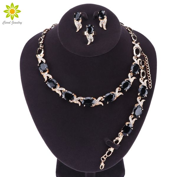 

black stones white cz gold plated wedding jewelry sets for women earrings pendant necklace ring bracelet, Slivery;golden