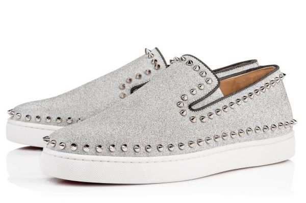 

2019 Fashion Designer Brand silver glitter Flats shoes Red Bottom Shoes For Men and Women Party Lovers Genuine Leather Sneakers 36-47