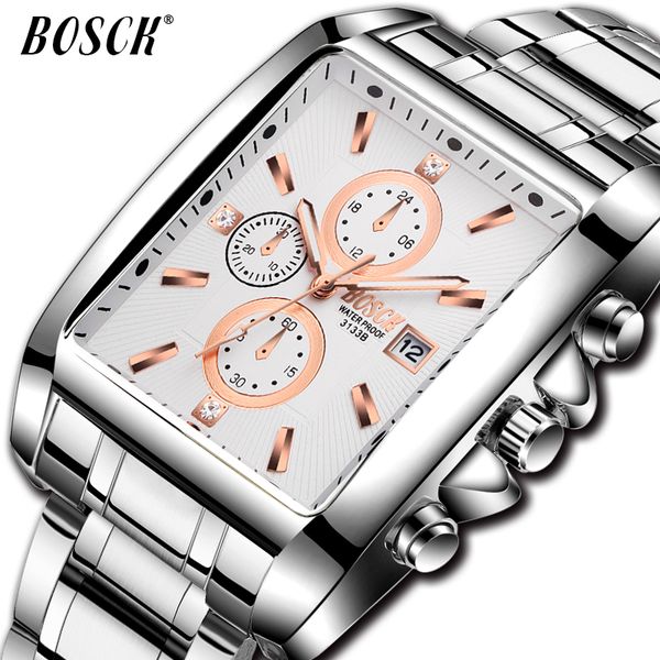 

bosck fashion business watch for men man square quartz watch sport full steel waterproof clock affordable 2018, Slivery;brown