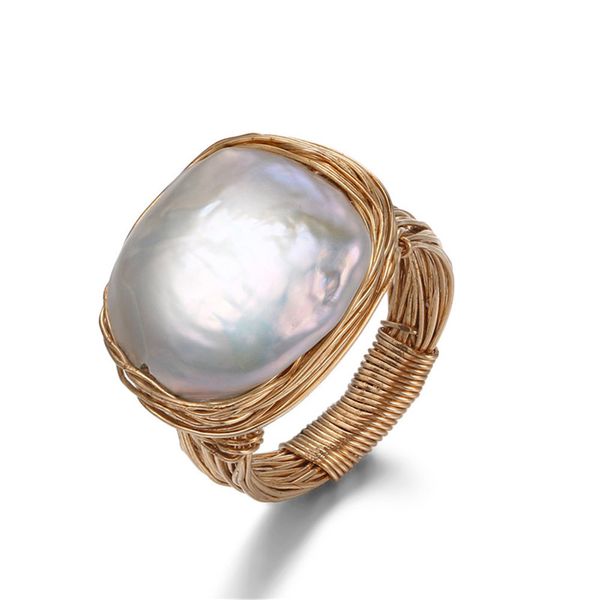 

original handmade near round freshwater pearl ring baroque style 14k gold wire wrapped ring luxury pearl wedding rings for women, Golden;silver