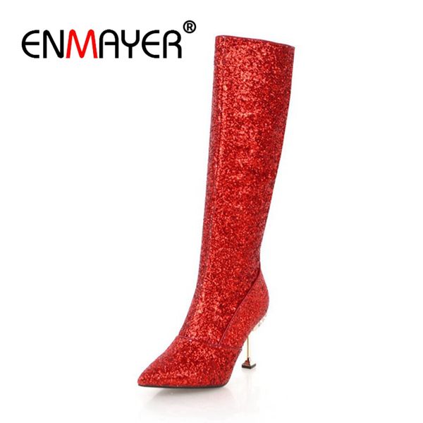 

enmayer women mid calf boots pointed toe high heels short boots winter footwear shoes sequined cloth thin heels silver cr1200, Black