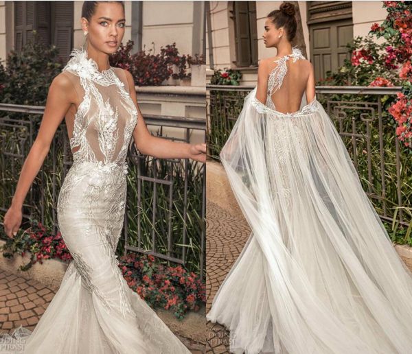 

elihav sasson mermaid wedding dresses with cape lace appliques illusion sweep train backless beach bridal gowns plus size wedding dress, White