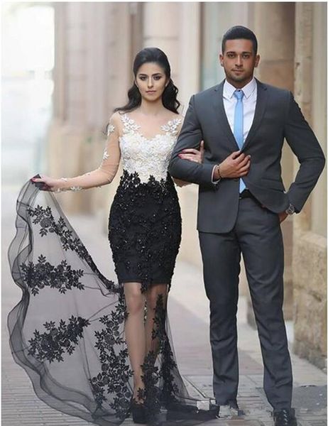 

scoop white and black colorful mermaid evening dresses lace transparent prom party gowns long sleeve custom made crystal applique tulle, Black;red