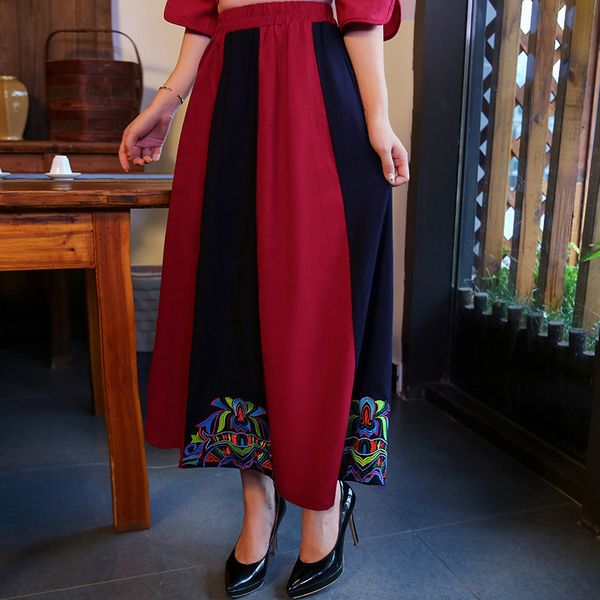 

literary art cotton and linen stitching embroidery skirt 2018 autumn winter female ethnic casual big swing female skirt lady new, Black