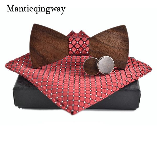 

mantieqingway polyester business wooden tie set for men handkerchiefs cuff links handmade wood bowtie set plaid neck tie for men, Black;blue