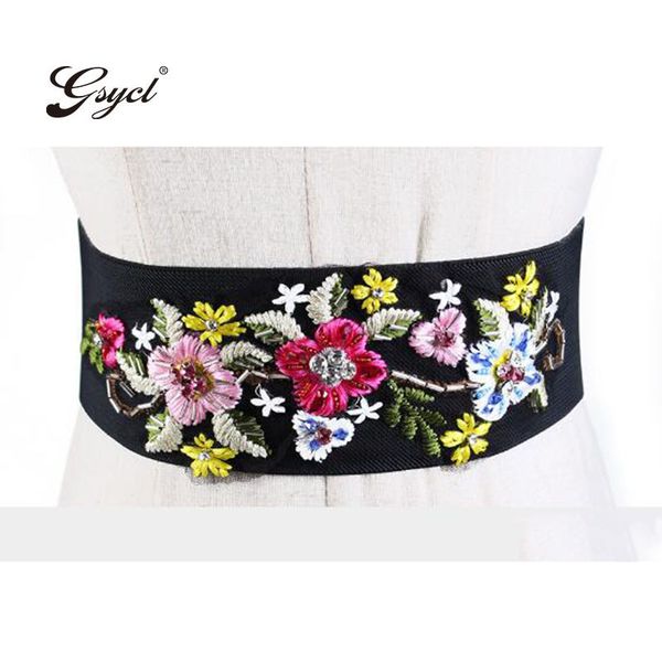 

gsycl] 2017 winter new fashion all loose wide belt embroidered flower decoration waist dress belts for women elastic belt, Black;brown