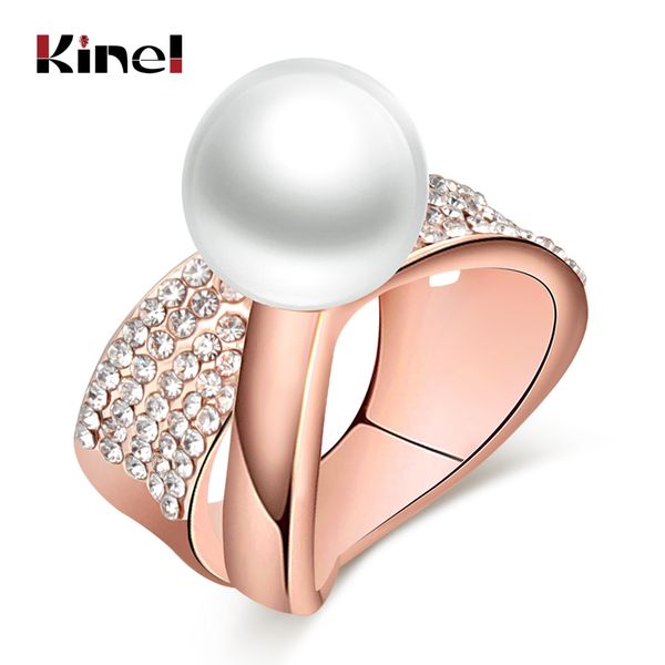 

kinel white pearls ring for women fashion design rose gold pave setting crystal cocktail rings statement vintage jewelry gift, Golden;silver