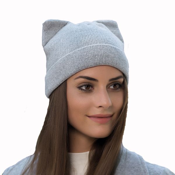 

твердые женщины осень зима вязаные шапки cute kitty beanie hat для женщин девушки зима натуральная шерсть кошачья ушная шапка skullies gorra, Blue;gray