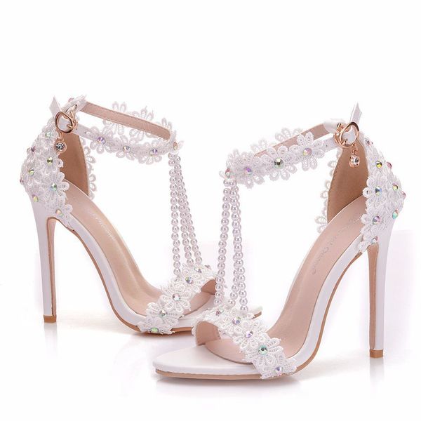 

new white beading open toe shoes for women super high heels fashion stiletto heel wedding shoes lace flower ankle strip bridal sandals, Black