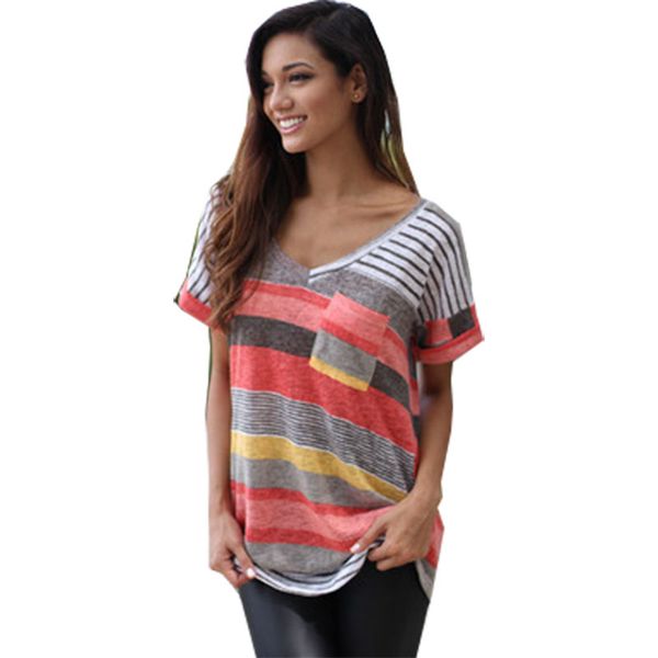 

2018 new summer t shirt women pocket printing striped v beck t-shirt short-sleeved tshirt irregular vestidos wsp8588a, White