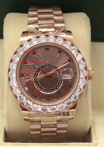 

watch 44mm brown dial sky-dweller date gmt working big diamond bezel stainless steel mechanical automatic mens watches, Slivery;brown