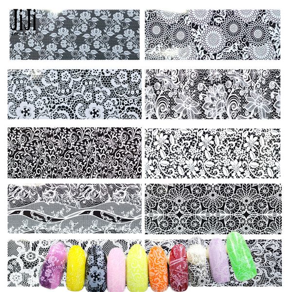 

100cmx4cm white lace transfer foil nail art flower design sticker decal for polish diy nails manicure decor tools jilm01-10, Black