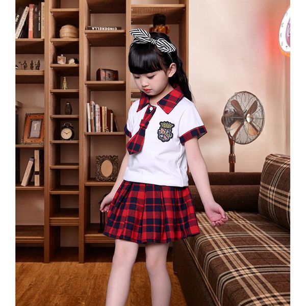 

boys plaid school uniform with tie kids pretty style shirt and skirt/pants set girls/boys summer chorus costume, White