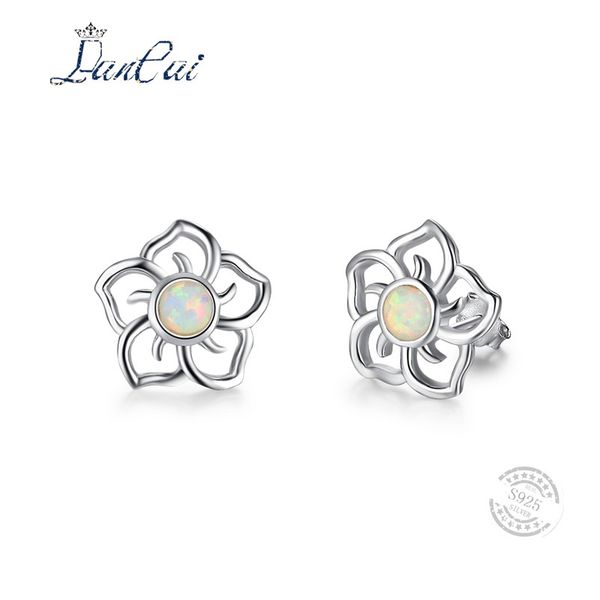 

lancai cute romantic 925 sterling silver white fire opal earrings classic flower shape stud earrings for women fine jewelry gift, Golden;silver