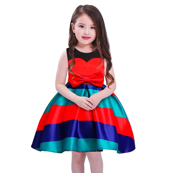 

2018 girl's tutu dresses striped skirts sleeveless taffeta sash boat neck knee-length princess european and american round collar strip, Red;yellow