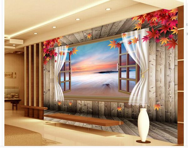 

custom 3d p wall paper original 3d window wooden floor maple leaf curtain mediterranean background wall wallpaper mural painting for li