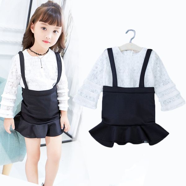 

girl clothes suit lace blouse shirt + strap skirt 2 pieces set fashion hollow tassel sleeves children's clothing autumn, White