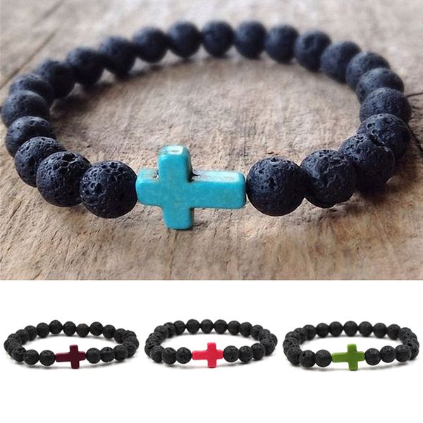 

lnrrabc 1pc new bracelet jewelry fashion beaded women cross yoga elastic lava rock stone mens solid color, Black