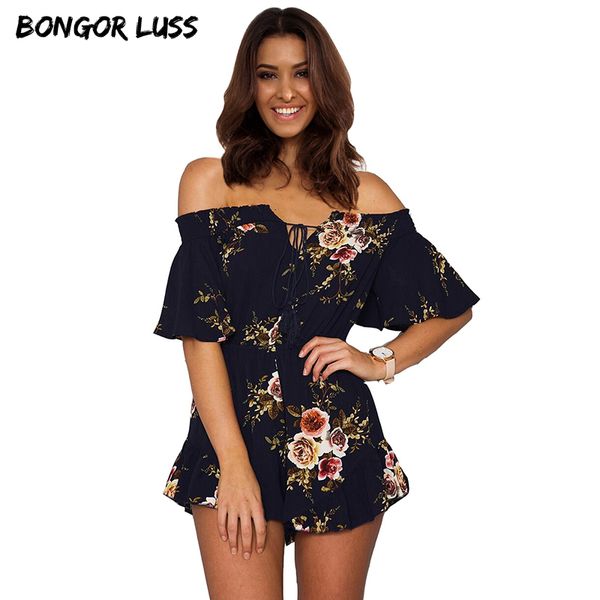 

bongor luss floral print flare sleeves rompers women jumpsuits slash neck casual playsuits off the shoulder loose playsuits, Black;white