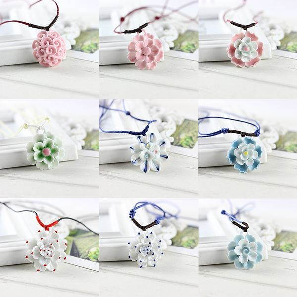 

ethnic style blue and white porcelain lotus flower necklace pendant female long paragraph sweater chain chinese style gift, Silver