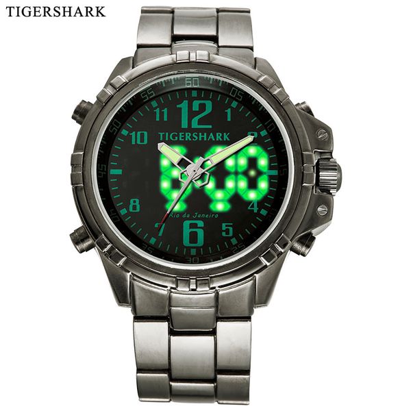 

tigershark men's watch fashion sports watches led digital alloy quartz watch 30m waterproof green relogio masculino, Slivery;brown