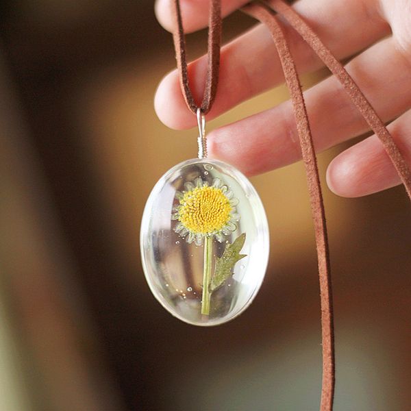 

vintage fashon oval glass natural sunflower pendant necklace rope chain retro women real dried flower choker necklace jewelry, Silver