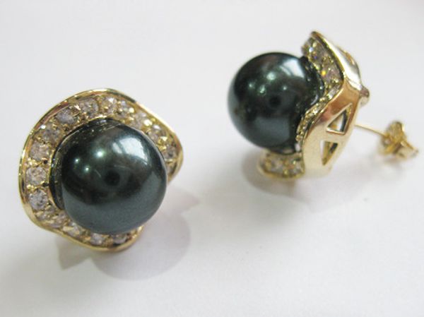 

wholesale fashion jewelry noble 8mm black round shell pearl & crystal 18kgp earring #006, Golden;silver