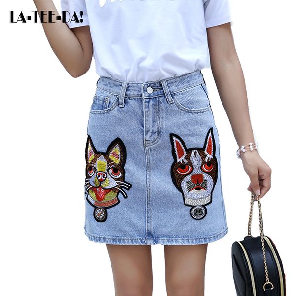 

ltd018002 new embroidery dog cat spliced mini denim skirts women high waist lady fashion female high waist loose summer vestidos, Black