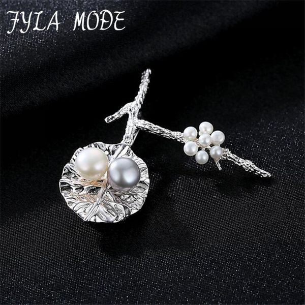 

fyla mode new fashion jewelry s925 silver with freshwater pearls leaf branch design brooches for fashion lady fine jewelry hot, Slivery;golden