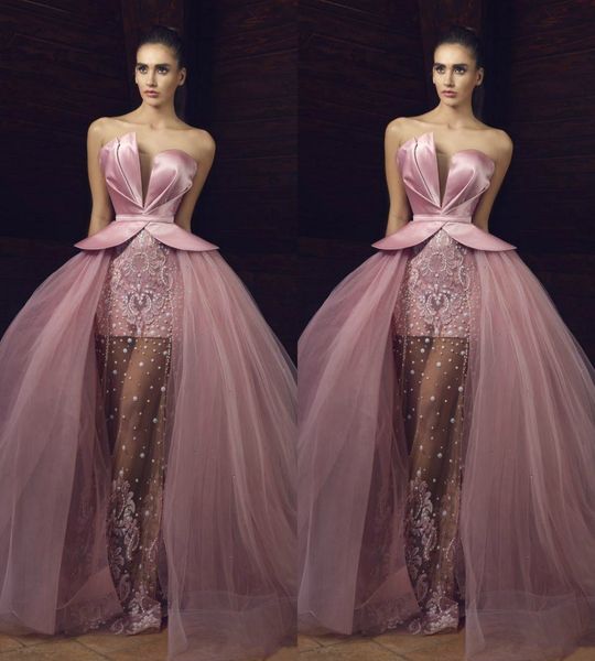 

gorgeous pearls illusion pink prom dresses detachable skirt formal beads arbric 2018 long party evening gowns pageant dress robe de soiree, Black