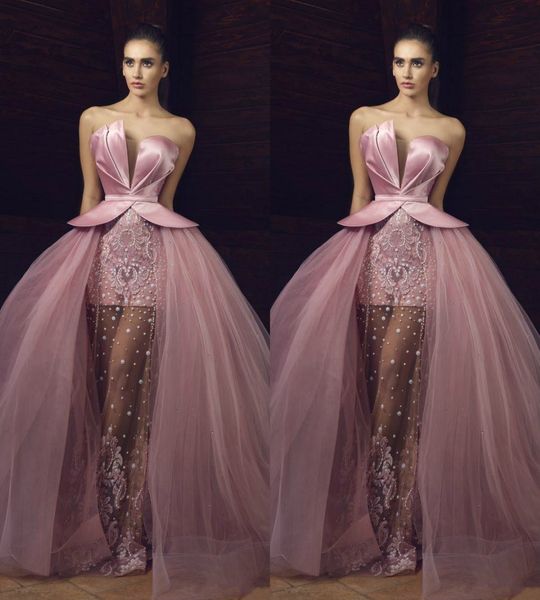 Lindo Pérolas Ilusão Rosa Vestidos de Baile Saia Destacável Contas Formais Arbric 2018 Longo Festa À Noite Vestidos Pageant Vestido Robe De Soiree