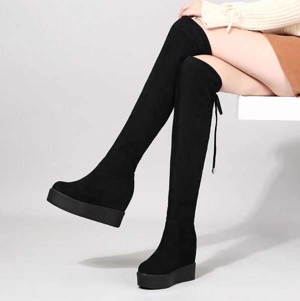 

black over the knee boots womens wedge heels stretch fabric womens thigh high lace up woman long boots platform adf-9958