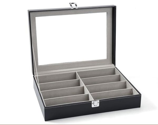 

8 pieces capacity lockable eyeglass counter table display box sunglass presentation case double tray eyewear collection box