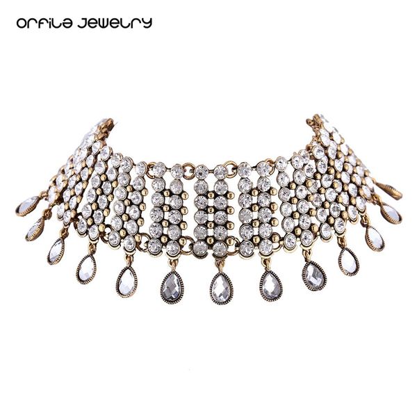 

orfila high-end fashion choker necklace for women gift chocker rhinestone drop shape shining jewelry party statement necklace, Golden;silver