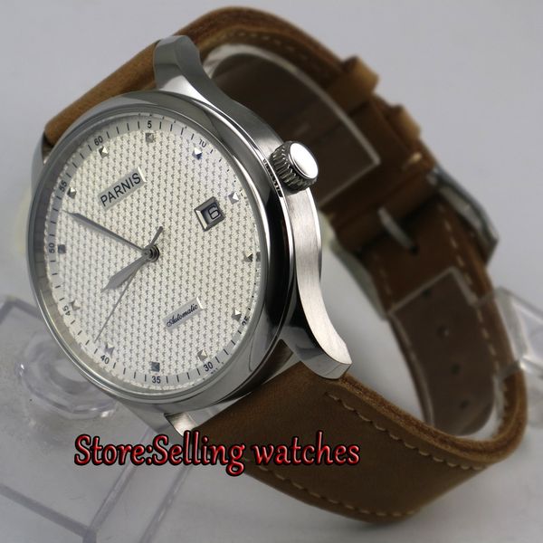 

43mm white dial date window leather seagull 2551 automatic mens watch, Slivery;brown