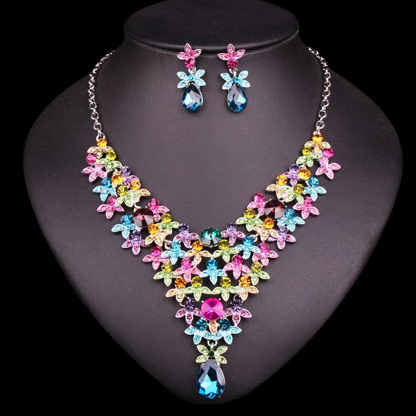 

fashion leaves bridal jewelry sets wedding necklace & earrings sets for brides party costume crystal jewellery women, Silver