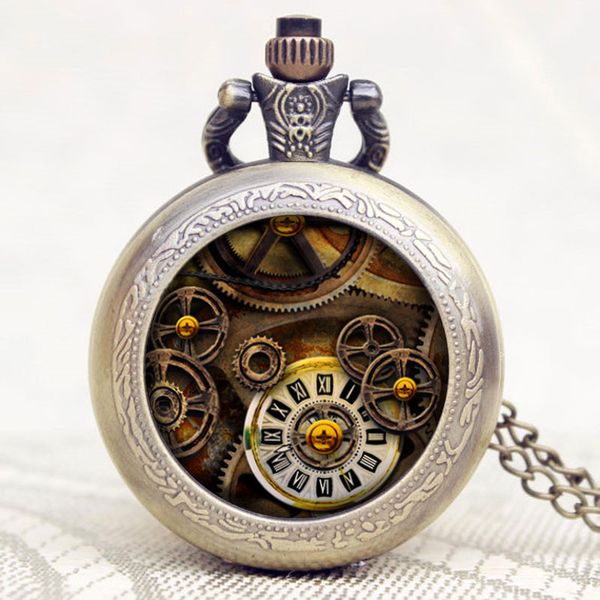 

bronze pocket watch retro gear small necklace steampunk chain clock unique accessories gifts for man woman relogio de bolso, Slivery;golden