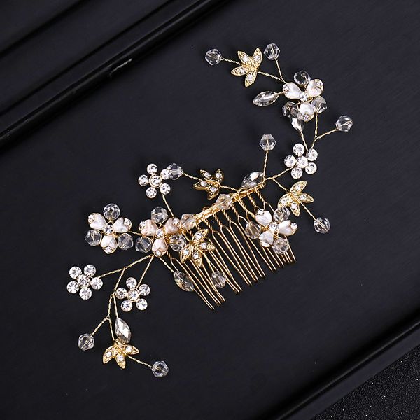 

1pcs gold color leaf floral hair combs wedding rhinestone hair accessories handmade jewelry for bride, Golden;white
