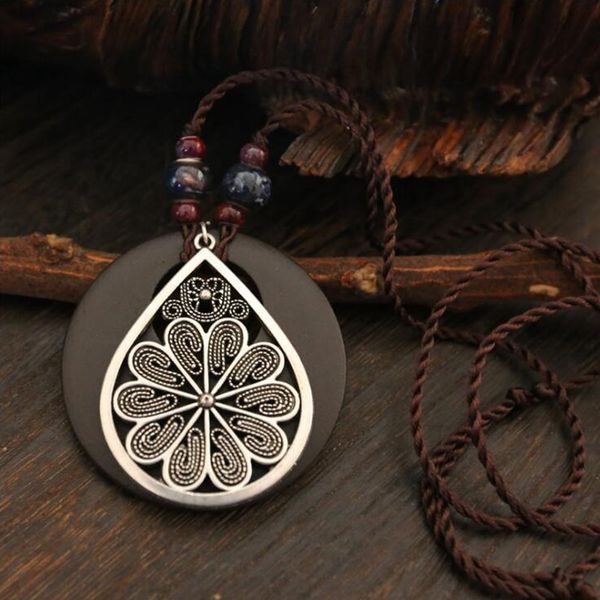

weiyu new casual fashion handmade collar round wood retro vintage alloy hollow flower leaf pendants necklace women men jewelry, Silver