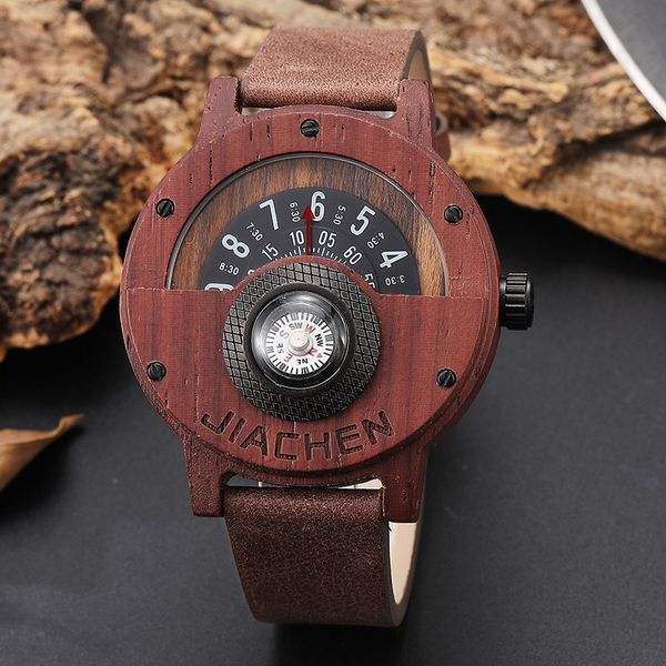 

solid wood turntable number design mens wooden watch men brown wood leather band creative leather strap wrist watches for gifts, Slivery;brown
